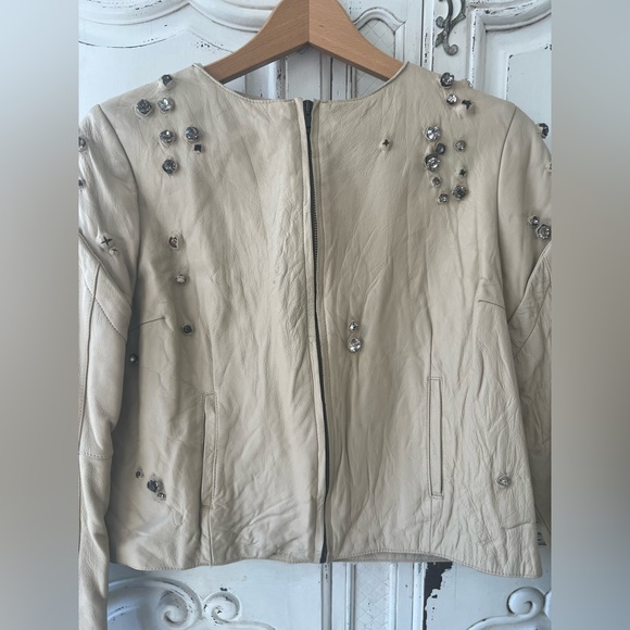 RICCARDO TISCI Crystal Jeweled Beige Leather Jacket IT 44(US10) - Picture 3 of 12
